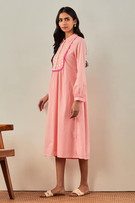 The Indian Cause_Peach Cotton Embroidery, Sequins Collared Yoke Dress_Online_at_Aza_Fashions
