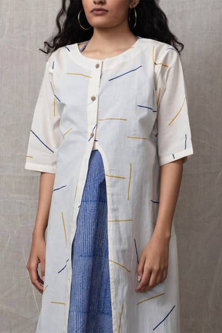 Banana Labs_Blue Cotton Sprinkle Round Neck Geometric Stripe Print Kurta Set_Online_at_Aza_Fashions