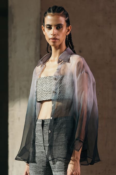 Akhl_Grey Silk Organza Shawl Neck Gradient Sheer Shirt _Online_at_Aza_Fashions