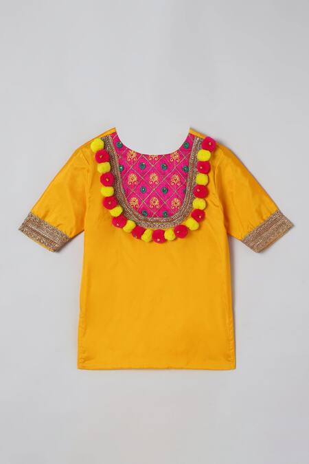 Byb Premium_Yellow Cotton, Silk, Chiffon Pom-poms, Embroidery, Tassels Kurta Salwar Set _Online_at_Aza_Fashions
