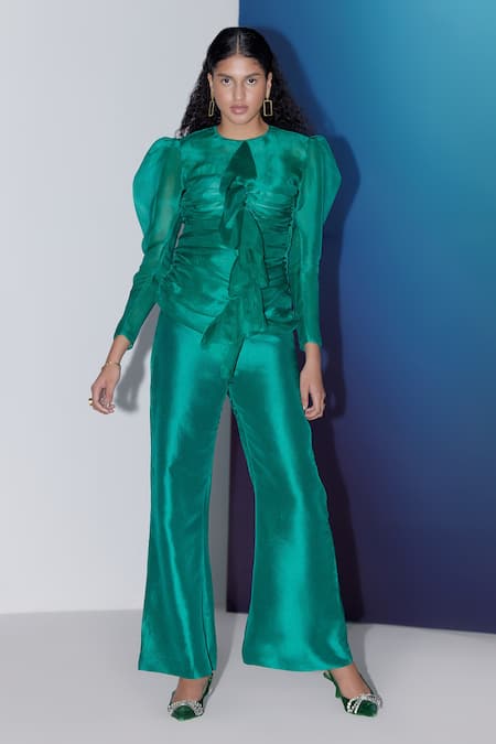 Febo6 Green Silk Organza Round Neck Front Ruched Top Online at Aza Fashions Febo6_Green Silk Organza Round Neck Front Ruched Top _Online_at_Aza_Fashions
