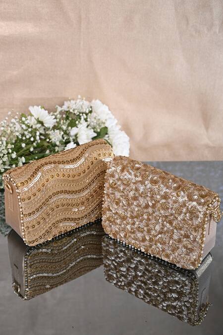 Miar Designs_Gold Sequin And Bead Embellished Siya Box Clutch_Online_at_Aza_Fashions