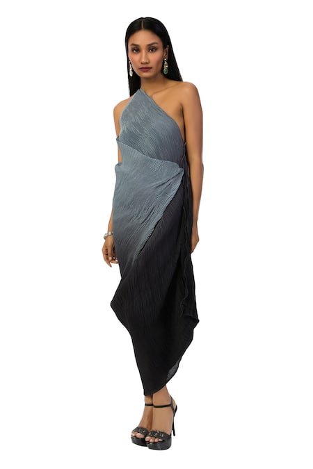 Meghna Shah Black Chiffon Asymmetric Textured Pattern Ombre Dress Online at Aza Fashions Meghna Shah_Black Chiffon Asymmetric Textured Pattern Ombre Dress _Online_at_Aza_Fashions