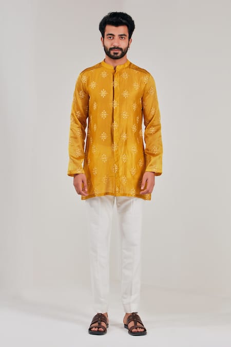 Shreyansh Designs_Yellow Cotton Silk Embroidery Motif Kurta _Online_at_Aza_Fashions
