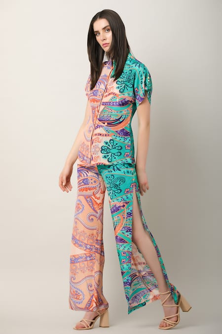 Limerick By Abirr N' Nanki_Multi Color Crepe Print Paisley Zyaire Flared Pant  _Online_at_Aza_Fashions