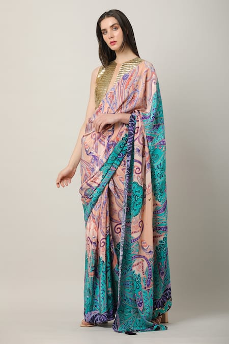 Limerick By Abirr N' Nanki_Gold Organza, Crepe Embroidery Cami Handcrafted Blouse _Online_at_Aza_Fashions