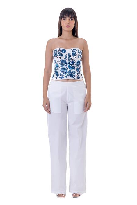 Gaya_White Cotton Satin Embroidered Thread And Bead Hiya Floral Bustier _Online_at_Aza_Fashions