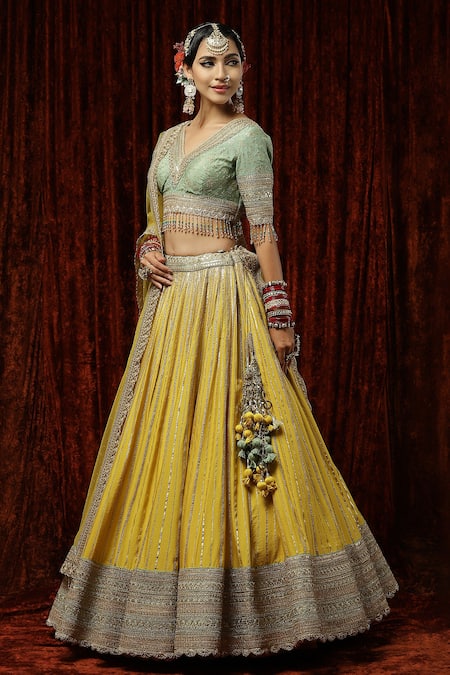 Shikhar Sharma_Yellow Silk, Chanderi, Net Crystals, Pearls, Embroidery Bridal Lehenga Set _Online_at_Aza_Fashions