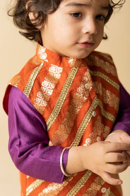 Mini Trails Purple Chanderi, Cotton Zari, Lace Embroidered Kurta Set With Nehru Jacket Online at Aza Fashions Mini Trails_Purple Chanderi, Cotton Zari, Lace Embroidered Kurta Set With Nehru Jacket_Online_at_Aza_Fashions