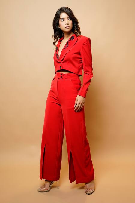Ahi Clothing_Red Imported Luxury  Lining Cropped Blazer With Front Slit Pant_Online_at_Aza_Fashions