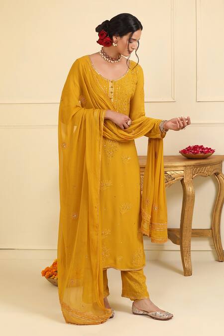 Esha Koul_Yellow Georgette Embroidered And Embellished Chikankari Notched Kurta Pant Set_Online_at_Aza_Fashions