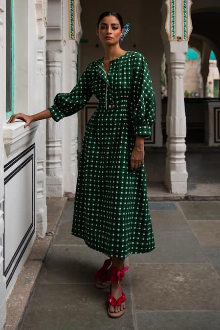 Jodi_Green Cotton Embroidery Open Neck Hand Block Printed Midi Dress _Online_at_Aza_Fashions