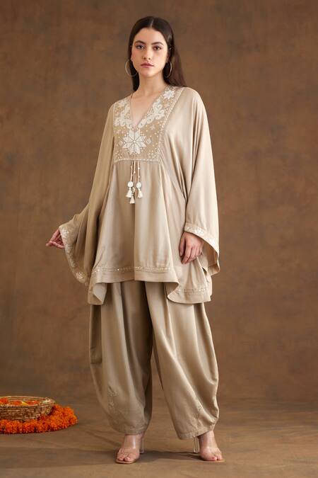 Nikasha Beige Rayon Beads, Embroidery V-neck Yoke Kaftan Top And Baggy Pant Set Online at Aza Fashions Nikasha_Beige Rayon Beads, Embroidery V-neck Yoke Kaftan Top And Baggy Pant Set _Online_at_Aza_Fashions