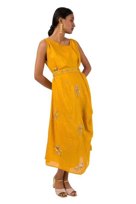 Meghna Shah Yellow Denim, Silk Beads, Stones Embroidered And Draped Cowl Dress With Belt Online at Aza Fashions Meghna Shah_Yellow Denim, Silk Beads, Stones Embroidered And Draped Cowl Dress With Belt _Online_at_Aza_Fashions