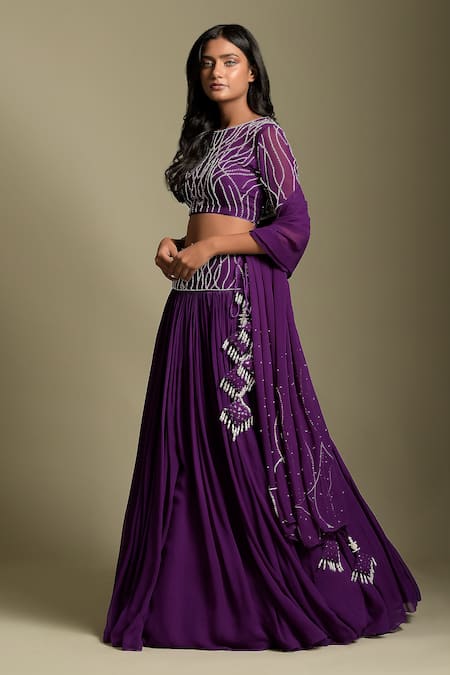 Two Sisters By Gyans Purple Georgette Sequin, Crystals And Cut Dana Work Illusion Pleated Lehenga Set Online at Aza Fashions Two Sisters By Gyans_Purple Georgette Sequin, Crystals And Cut Dana Work Illusion Pleated Lehenga Set _Online_at_Aza_Fashions