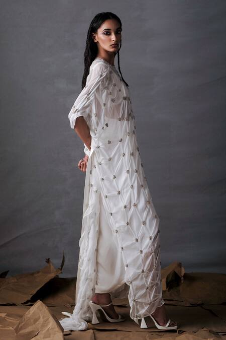 AK-OK_White Chiffon Sequins Round Neck Crop Top Skirt Set With Slip Dress _Online_at_Aza_Fashions