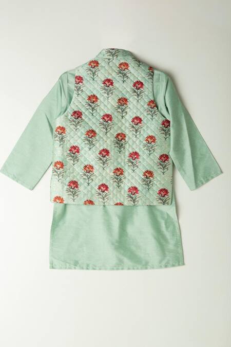 Shruti Jalan_Green Kota Doria, Cotton Embroidery Floral Printed Quilted Bundi And Kurta Set _Online_at_Aza_Fashions