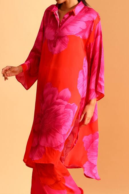Moh India_Red Silk Collared Rose Print Tunic And Trouser Set_Online_at_Aza_Fashions