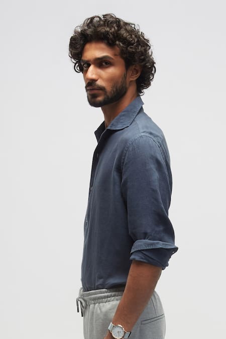 Terra Luna Blue 100% Linen Spread Collared Solid Shirt Online at Aza Fashions Terra Luna_Blue 100% Linen Spread Collared Solid Shirt _Online_at_Aza_Fashions