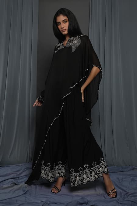 Krishna Mehta_Black Chanderi Embroidered Sequins Round Cape Tunic _Online_at_Aza_Fashions