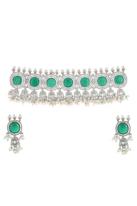 Ishhaara Green Beads Kundan Stone Embellished Choker Set Online at Aza Fashions Ishhaara_Green Beads Kundan Stone Embellished Choker Set _Online_at_Aza_Fashions