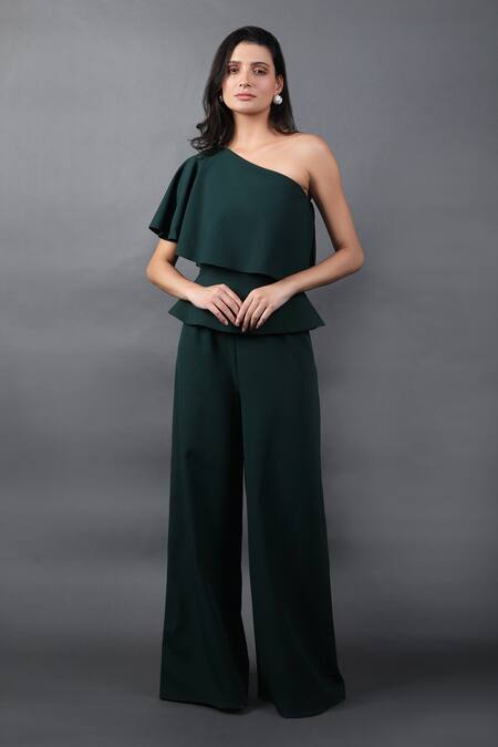 Swatee Singh_Green Crepe One Shoulder Solid Jumpsuit_Online_at_Aza_Fashions