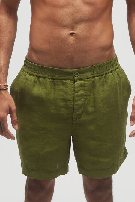 Terra Luna Green 100% Linen Solid Shorts Online at Aza Fashions Terra Luna_Green 100% Linen Solid Shorts _Online_at_Aza_Fashions