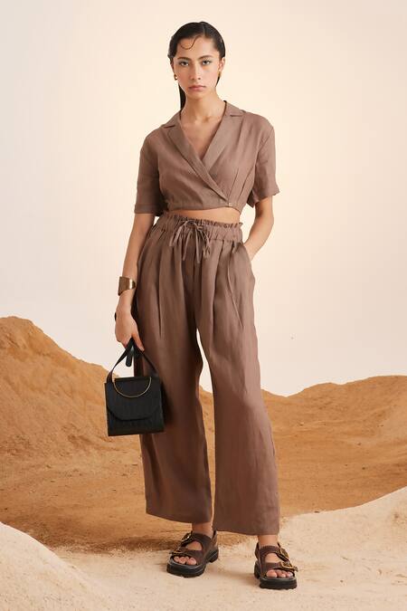 Cord_Brown Linen Collared Overlap Crop Top_Online_at_Aza_Fashions