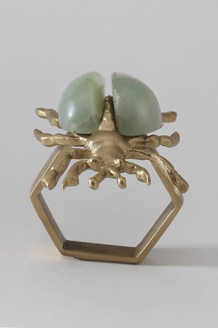 Table Manners_Brown Brass Jade Stone Embellished Cicada Napkin Rings 4 Pcs Set_Online_at_Aza_Fashions