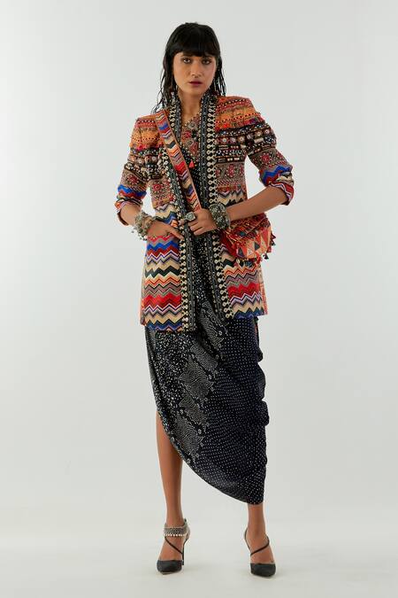 Aseem Kapoor Multi Color Mushroom Twill Zari Marodi Resham Thread Dhana Chevron Print Jacket at Aza Fashions Aseem Kapoor_Multi Color Mushroom Twill Zari Marodi Resham Thread Dhana Chevron Print Jacket _at_Aza_Fashions