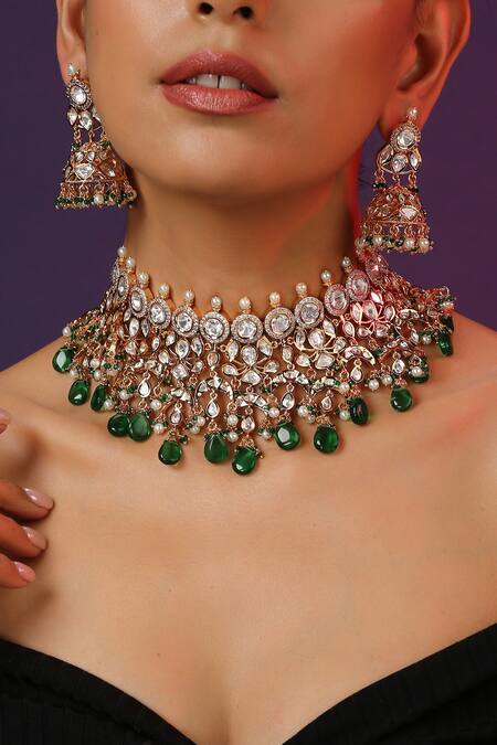Swabhimann_Green Diamonds, Stones Polki Embellished Necklace Set _Online_at_Aza_Fashions
