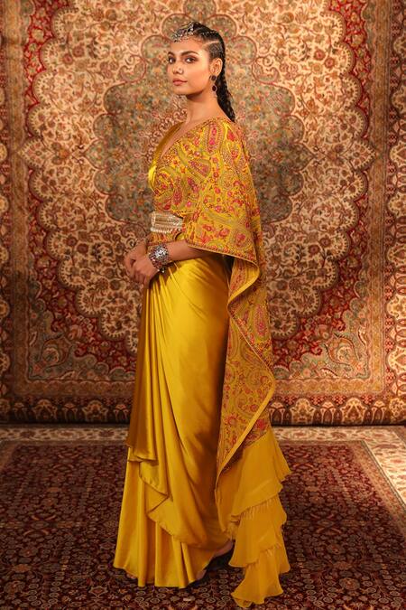 Aditi Gupta_Yellow Satin Woven And Embroidered Jamawar Pre-draped Pallu Saree With Blouse _Online_at_Aza_Fashions