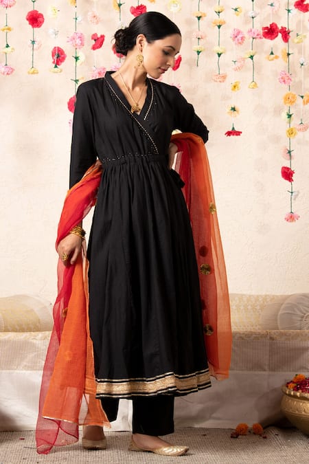 Marche_Black Dupatta  Kota Doria, Kurta And Pant  Cotton V Neck Kalidar Angrakha Set _Online_at_Aza_Fashions