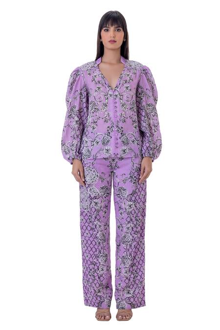 Gaya_Purple Linen Printed Floral Mandarin Collar Top And Pant _Online_at_Aza_Fashions