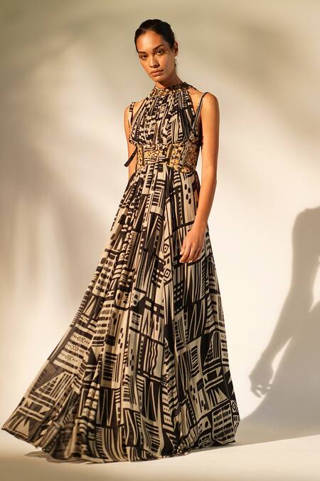 Nikita Mhaisalkar White Silk Embroidery Halter Neck Abstract Print Gown Online at Aza Fashions Nikita Mhaisalkar_White Silk Embroidery Halter Neck Abstract Print Gown _Online_at_Aza_Fashions