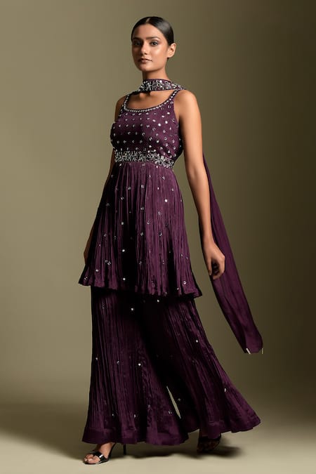 Two Sisters By Gyans Purple Chiffon Mirror Work Round Neck Embellished Kurta Set Online at Aza Fashions Two Sisters By Gyans_Purple Chiffon Mirror Work Round Neck Embellished Kurta Set _Online_at_Aza_Fashions