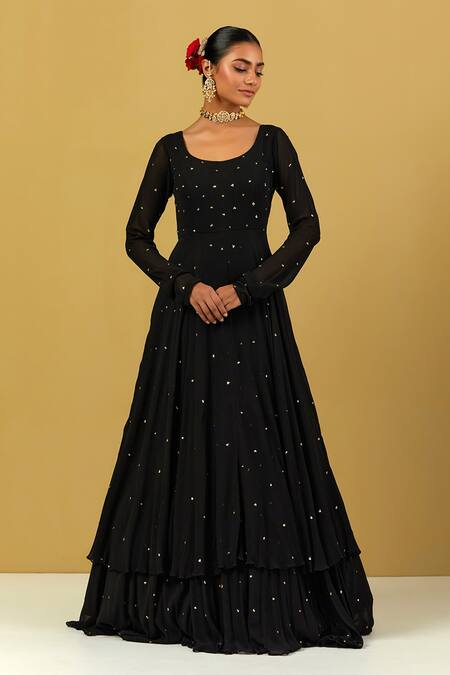 Ikshita Choudhary Black Georgette Embroidery Scoop Neck Layered Anarkali With Dupatta Online at Aza Fashions Ikshita Choudhary_Black Georgette Embroidery Scoop Neck Layered Anarkali With Dupatta _Online_at_Aza_Fashions