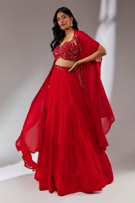 Neha Khullar Red Chiffon, Crepe Sequins, Cut Work, Embroidered Border Cape Lehenga Set Online at Aza Fashions Neha Khullar_Red Chiffon, Crepe Sequins, Cut Work, Embroidered Border Cape Lehenga Set _Online_at_Aza_Fashions