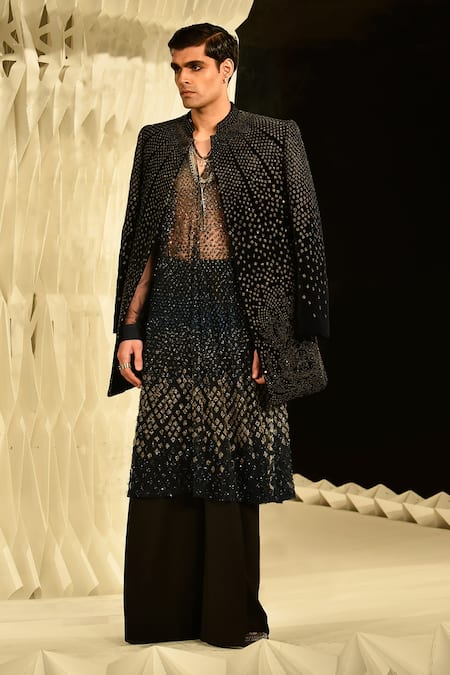 Rohit Gandhi + Rahul Khanna_Blue Velvet Beads, Metallic Thread Embroidered Sherwani _Online_at_Aza_Fashions