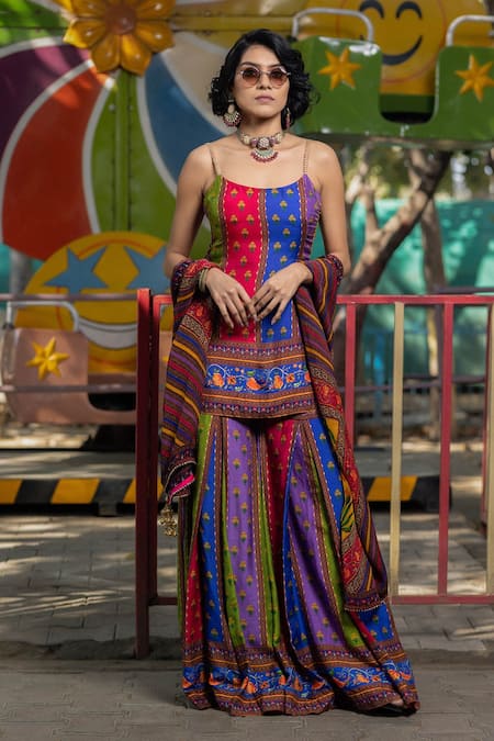 Irrau By Samir Mantri Multi Color Silk Gota Patti, Embroidery, Floral And Stripe Print Gharara Set Online at Aza Fashions Irrau By Samir Mantri_Multi Color Silk Gota Patti, Embroidery, Floral And Stripe Print Gharara Set _Online_at_Aza_Fashions