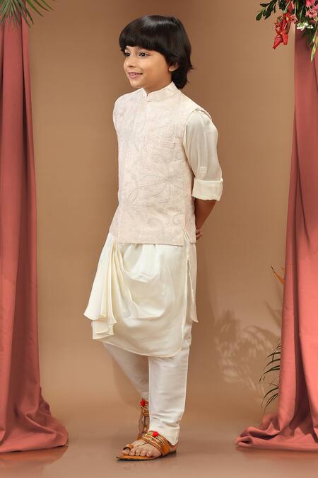 Kora By Nilesh Mitesh_Ivory Silk Embroidery Bundi Draped Kurta Set_Online_at_Aza_Fashions