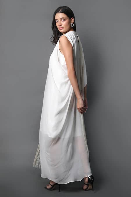 Swatee Singh White Crepe Fringe Round Neck Asymmetric Dress Online at Aza Fashions Swatee Singh_White Crepe Fringe Round Neck Asymmetric Dress _Online_at_Aza_Fashions
