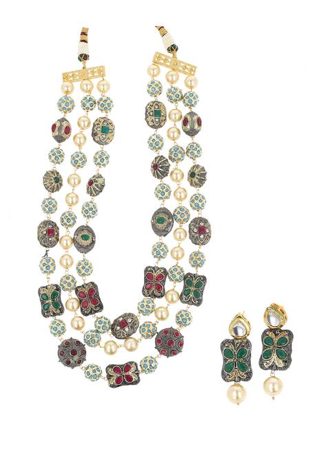 Ishhaara Gold Plated Stones, Pearls Layered Victorian Necklace Set Online at Aza Fashions Ishhaara_Gold Plated Stones, Pearls Layered Victorian Necklace Set _Online_at_Aza_Fashions