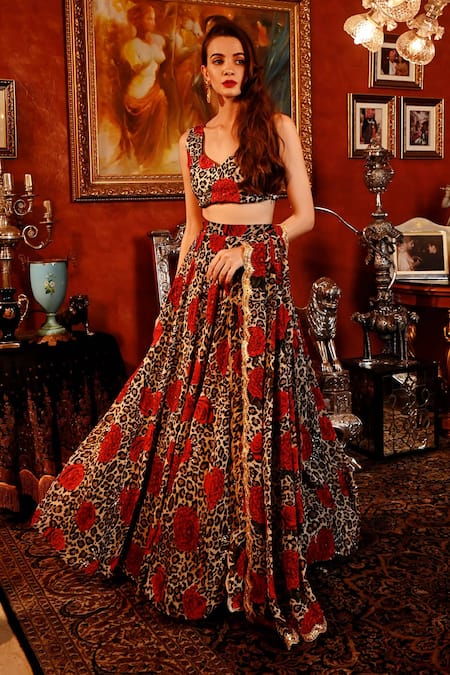 Sanam_Multi Color Organza Sequins, Beads, Mirabelle Floral And Leopard Print Lehenga Set _Online_at_Aza_Fashions
