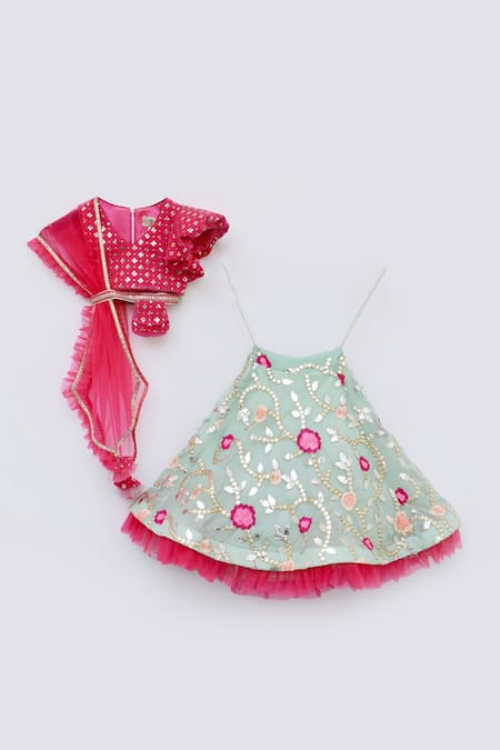 Fayon Kids_Green Georgette, Velvet, Net Embroidery, Sequins Lehenga Set _Online_at_Aza_Fashions