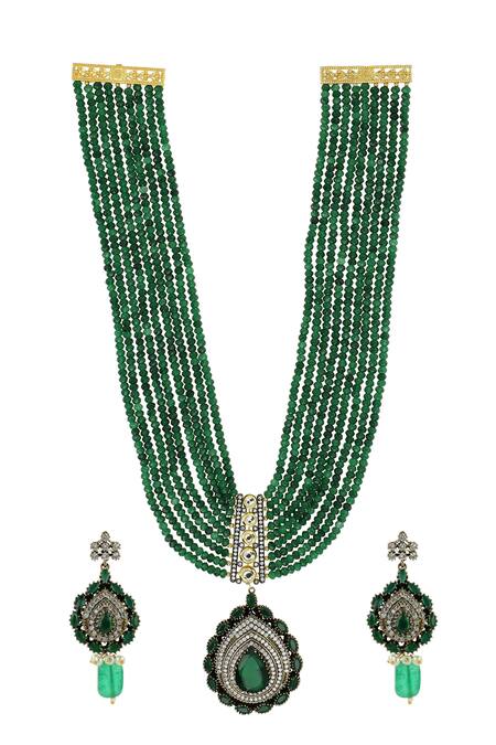 Ishhaara Green Diamonds, Stones American Embellished Necklace Set Online at Aza Fashions Ishhaara_Green Diamonds, Stones American Embellished Necklace Set _Online_at_Aza_Fashions
