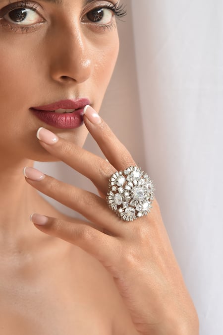 Gwacy_Silver Plated Zari Floral Zirconia Solitaire Ring _Online_at_Aza_Fashions