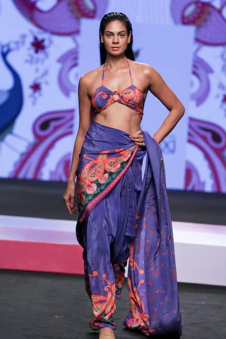 Limerick By Abirr N' Nanki_Multi Color Crepe Tassels Sweetheart Neck Dion Printed Draped Blouse _Online_at_Aza_Fashions