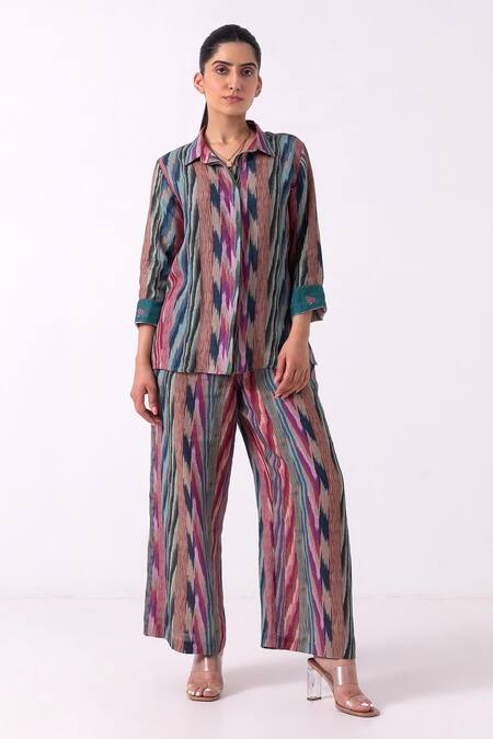 Label Shreya Sharma Multi Color Linen Embroidery Collared Ikat Print Jacket And Pant Set Online at Aza Fashions Label Shreya Sharma_Multi Color Linen Embroidery Collared Ikat Print Jacket And Pant Set_Online_at_Aza_Fashions