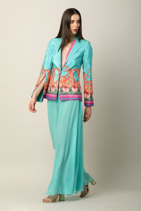 Buy_Limerick By Abirr N' Nanki_Blue Georgette Plain Ela Flared Pant  _Online_at_Aza_Fashions